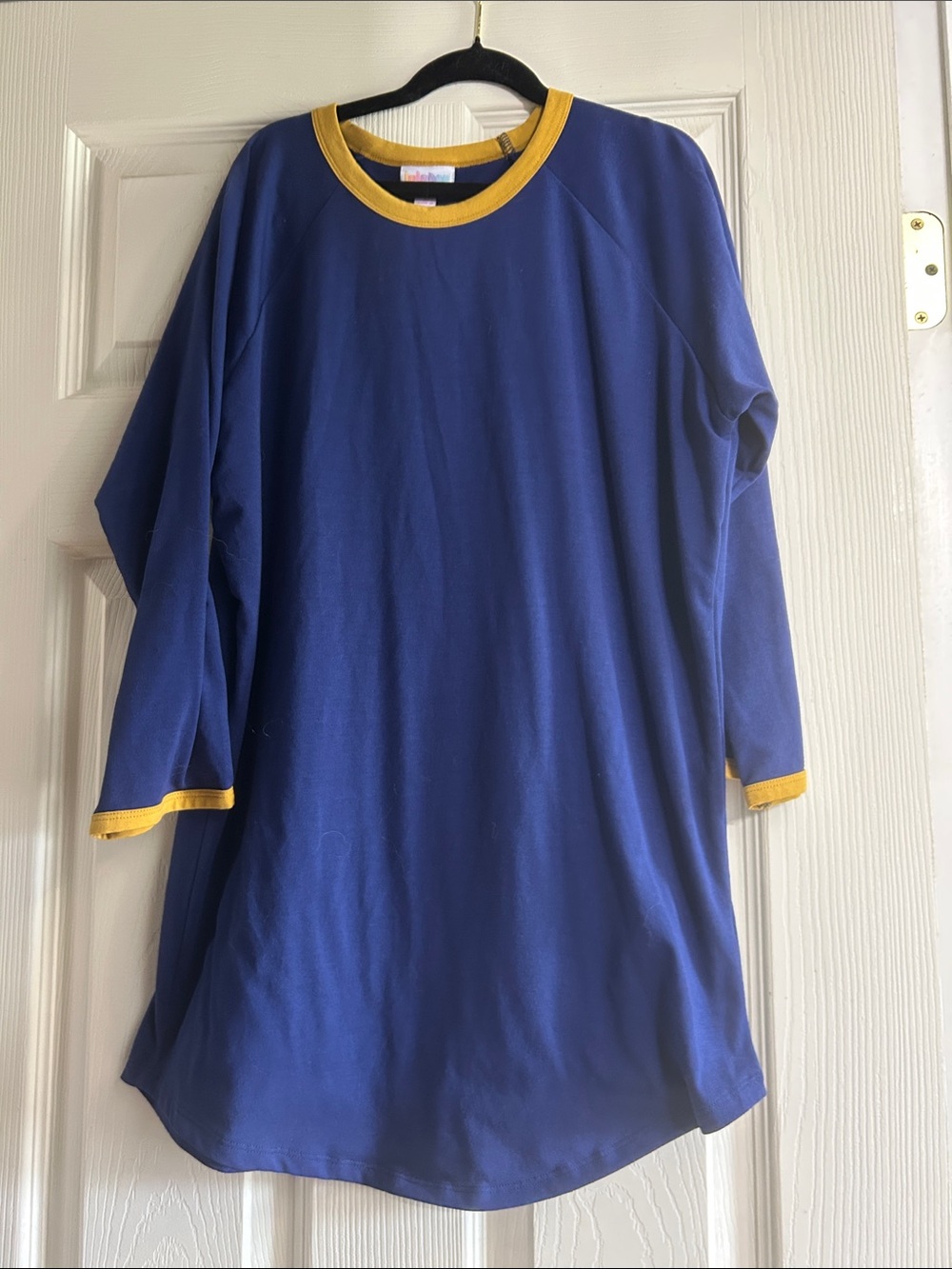 LuLaRoe Blue Long Sleeve Ringer Top with Yellow Trim